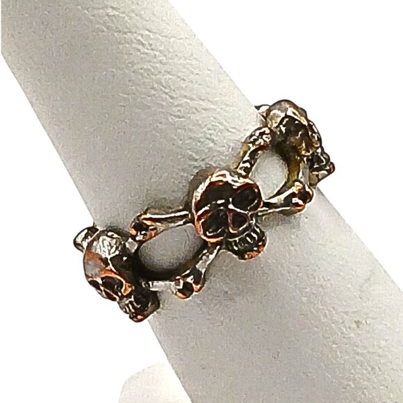 Silver Plated Gold Skull & Crossbones Band Ring 6.75 Unisex Rustic Gothic Biker - Picture 4 of 7